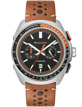 Bulova herrklocka med kronograf, tachymeter och brun perforerad rem.