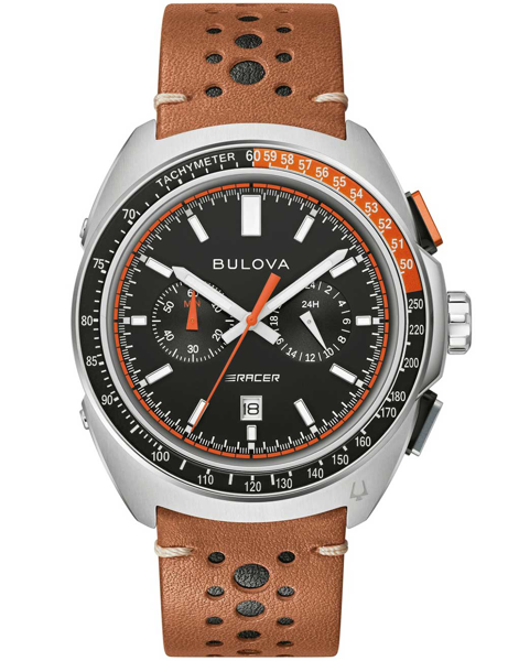 Bulova herrklocka med kronograf, tachymeter och brun perforerad rem.