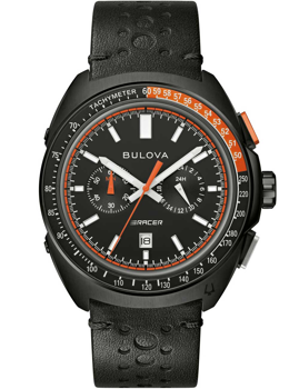 Bulova herrklocka med svart urtavla, vita och orange detaljer, tachymeter och datum vid klockan 6.