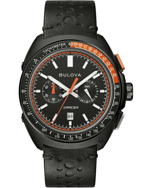 Bulova herrklocka med svart urtavla, vita och orange detaljer, tachymeter och datum vid klockan 6.