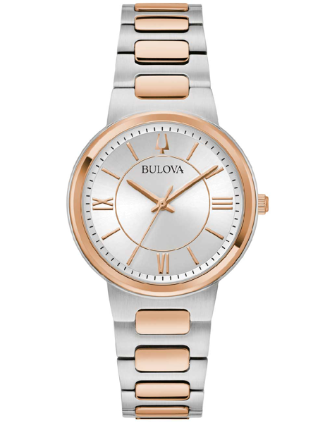 Bulova damklocka med romerska siffror, silver och roséguldfärgat armband, 32mm urtavla.