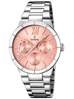 Festina damklocka med rosa urtavla, romerska siffror och tre suburtavlor, länkarmband i silver.