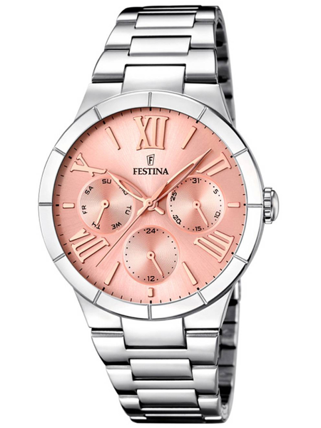 Festina damklocka med rosa urtavla, romerska siffror och tre suburtavlor, länkarmband i silver.