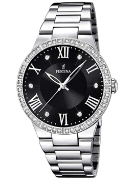 Festina damklocka med stenar på boetten, svart urtavla, romerska siffror, silverfärgat armband.