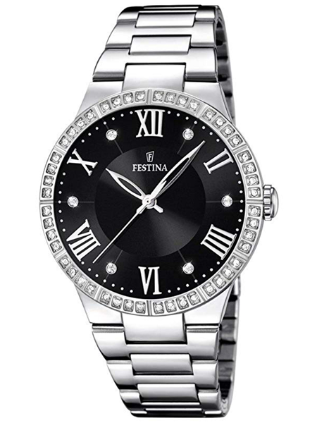 Festina damklocka med stenar på boetten, svart urtavla, romerska siffror, silverfärgat armband.