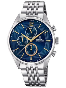 Festina F20285/3 klocka med blå urtavla, gulddetaljer, tre subdialer och silverarmband.