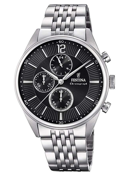 Festina klocka med svart urtavla, tre sub-dialer, metallarmband och "Chronograph"-text.