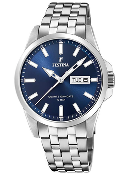 Blå urtavla med dag-datum, metallarmband, text "QUARTZ DAY/DATE 10 BAR" på urtavlan.