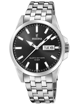 Festina herrklocka med svart urtavla, silverdetaljer, dag-datumfunktion och metallarmband.