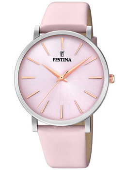 Rosa urtavla, roséguldfärgade detaljer, Festina logotyp, ljusrosa band, elegant damklocka.