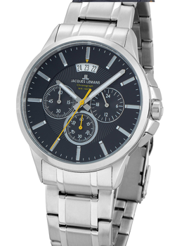 Jacques Lemans herrklocka med svart urtavla, tre sub-dialer, gul sekundvisare och metallarmband.