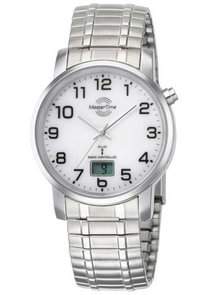 Herrklocka med vit urtavla, svarta siffror, digital display vid 6, metallarmband.