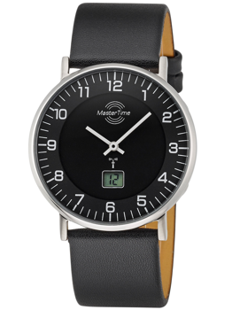 Svart urtavla, vita siffror, digital datum vid 6, analog med tre visare, svart läderarmband.