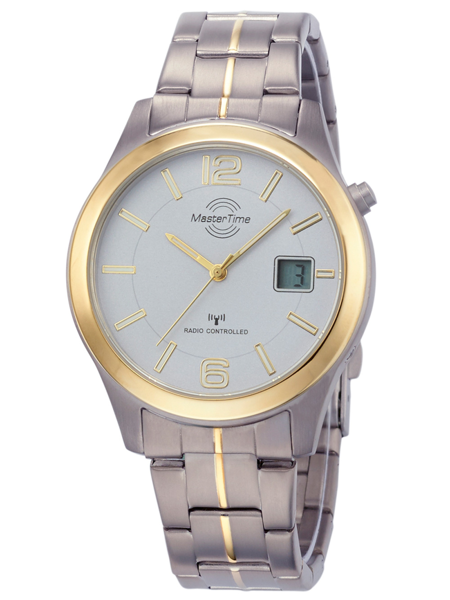 Herrklocka med metallarmband, analog visare, digital datum, guldfärgade detaljer, radiostyrd.