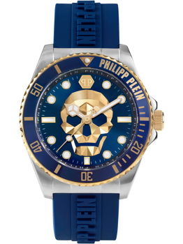 Klocka med dödskalle-design, blått och guld färgschema, "Philipp Plein" på ring och blått armband.