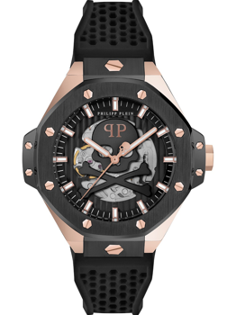 Philipp Plein herrklocka med skeletturverk, svart och roséguld design, perforerad rem.