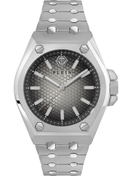 Klocka med hexagonalt mönster, "PLEIN" logotyp, metallarmband, synliga skruvar på bezeln.