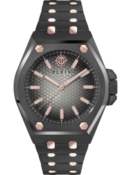 Svart urtavla med hexagonmönster, roséguldmarkeringar, svart armband med roséguldnitar.