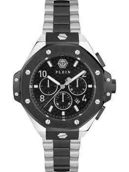 Philipp Plein herrklocka med rund urtavla, hexagonal bezel, undertavlor och tvåfärgat metallarmband.