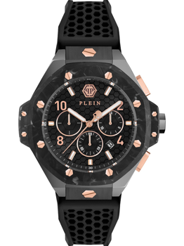 Philipp Plein herrklocka med svart urtavla, roséguldfärgade detaljer och perforerat armband.