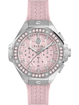 Klocka med rosa urtavla, armband och stenar på bezel. Tre sub-urtavlor synliga.