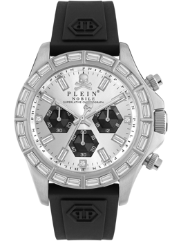 Philipp Plein-klocka med silverurtavla, tre suburtavlor, geometrisk ram och svart armband.