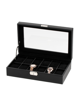 Svart klockbox med glaslock och plats för 12 klockor. Två klockor i facken, locket är öppet.
