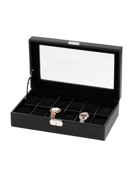 Svart klockbox med glaslock och plats för 12 klockor. Två klockor i facken, locket är öppet.