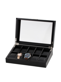 Svart Rothenschild Watch Box RS-2375-10OAK med 10 fack, två klockor, öppet lock, genomskinlig del.