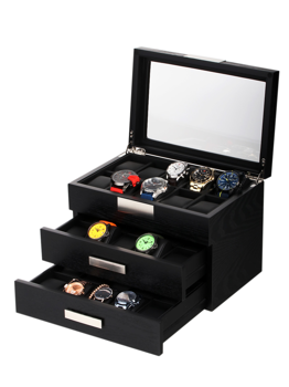 Svart klockbox med glaslock, tre utdragbara lådor och flera klockor i individuella fack.