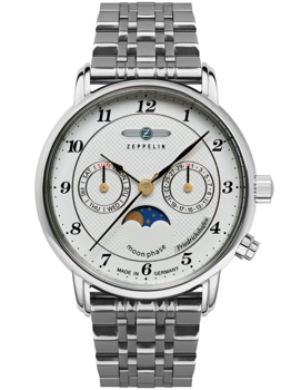 Elegant klocka med vit urtavla, månfas, två sub-dialer och metallarmband, svarta siffror.