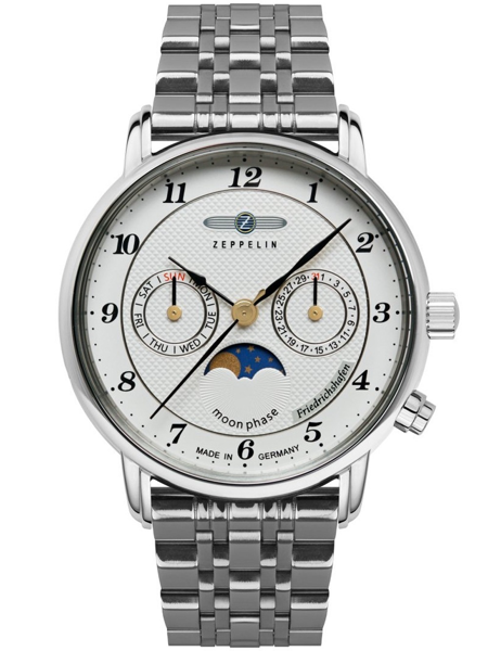 Elegant klocka med vit urtavla, månfas, två sub-dialer och metallarmband, svarta siffror.