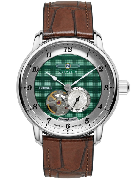 Grön urtavla med öppen hjärtdesign, brunt läderband, text "automatic", "Friedrichshafen".