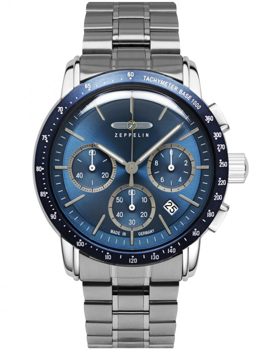 Zeppelin herrklocka med blå urtavla, metallarmband, tre små urtavlor, datum vid 4, tachymeter.
