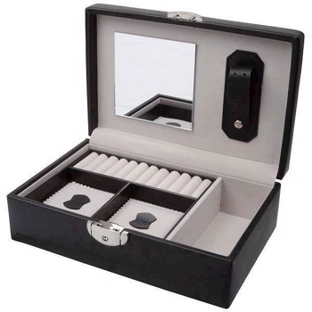 Black leatherlook jewellery box with 2 layers and mirror